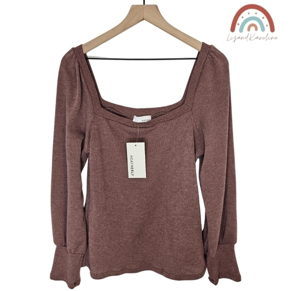 New! Heatherly Ribbed Knit Square Neck Sweater Top - Picture 2 of 11